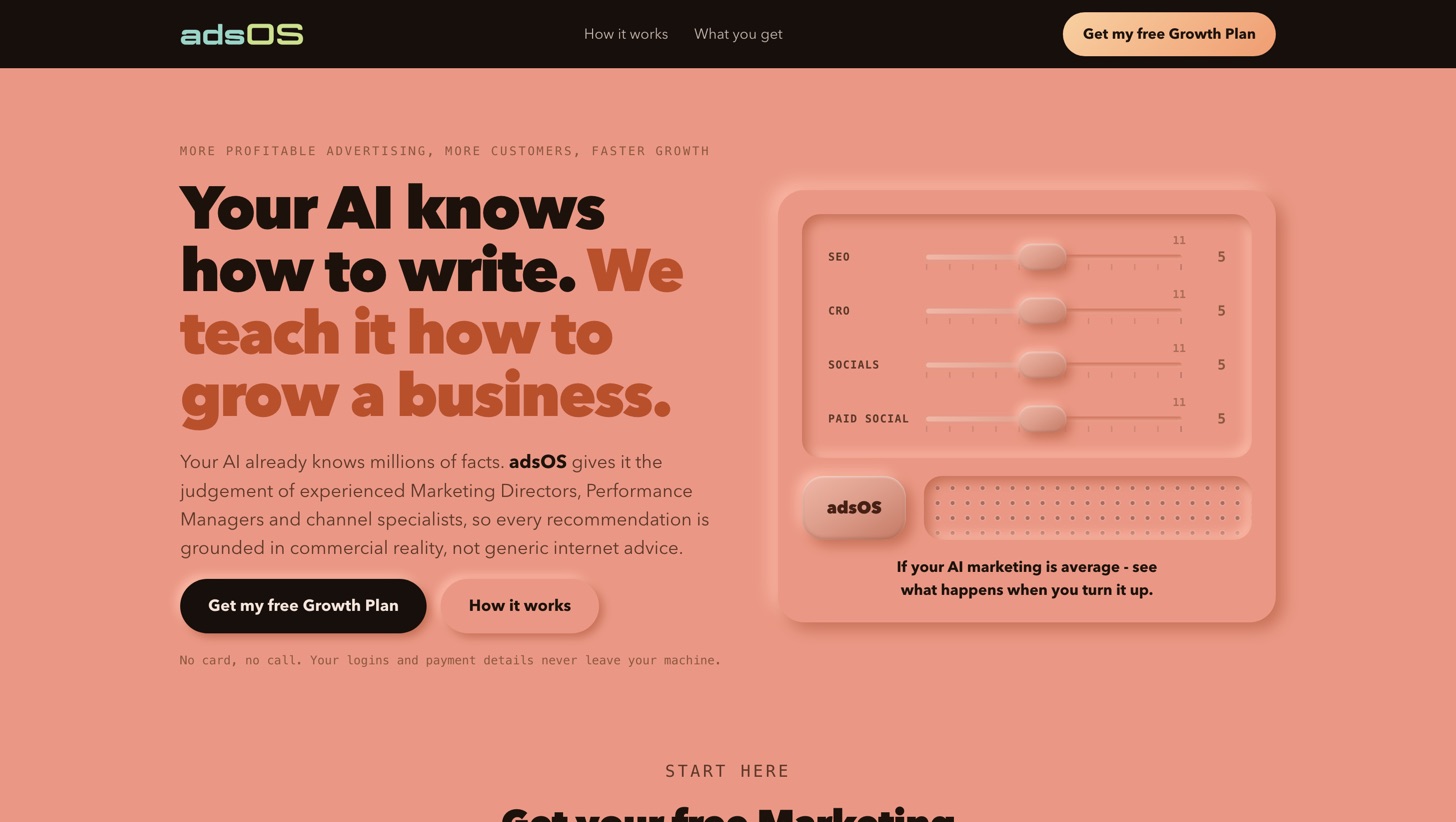 adsos.co homepage: your AI knows how to write, we teach it how to grow a business