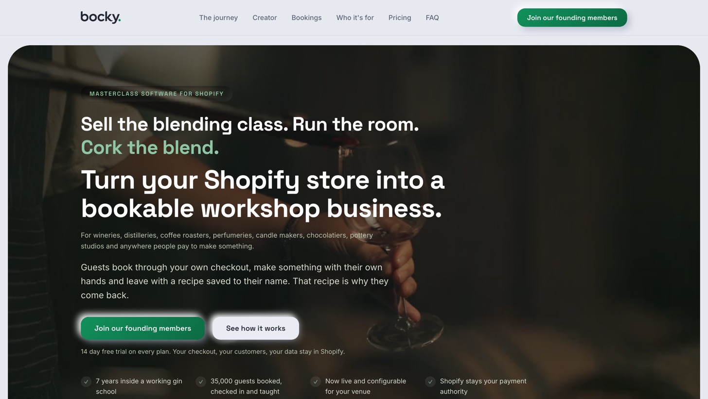bocky.co homepage: turn your Shopify store into a bookable workshop business