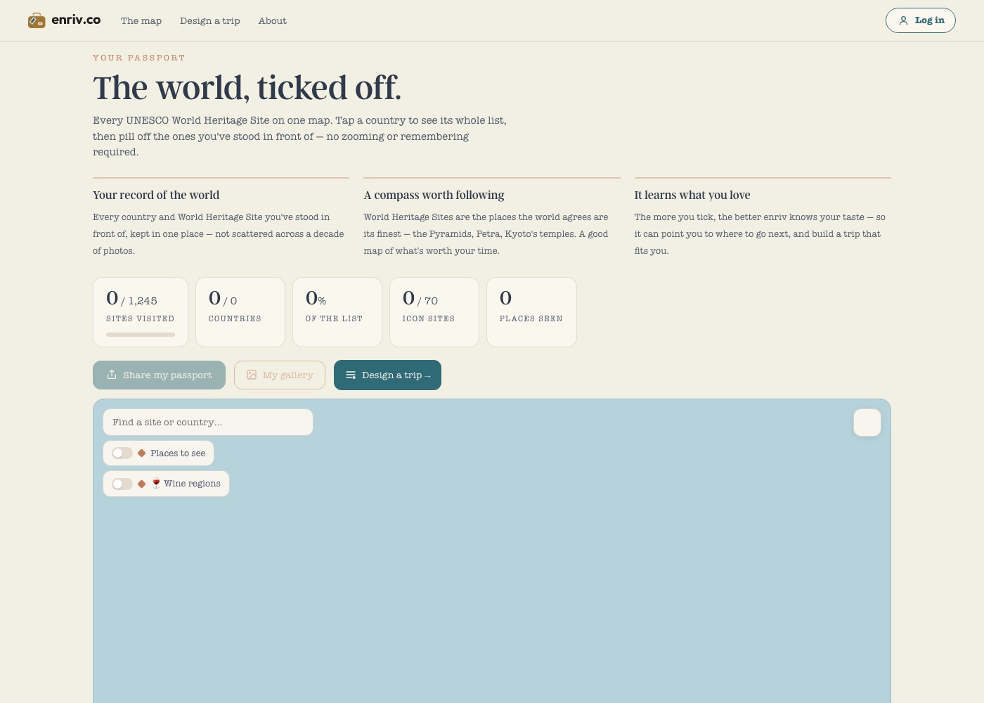 enriv.co passport page: the world, ticked off