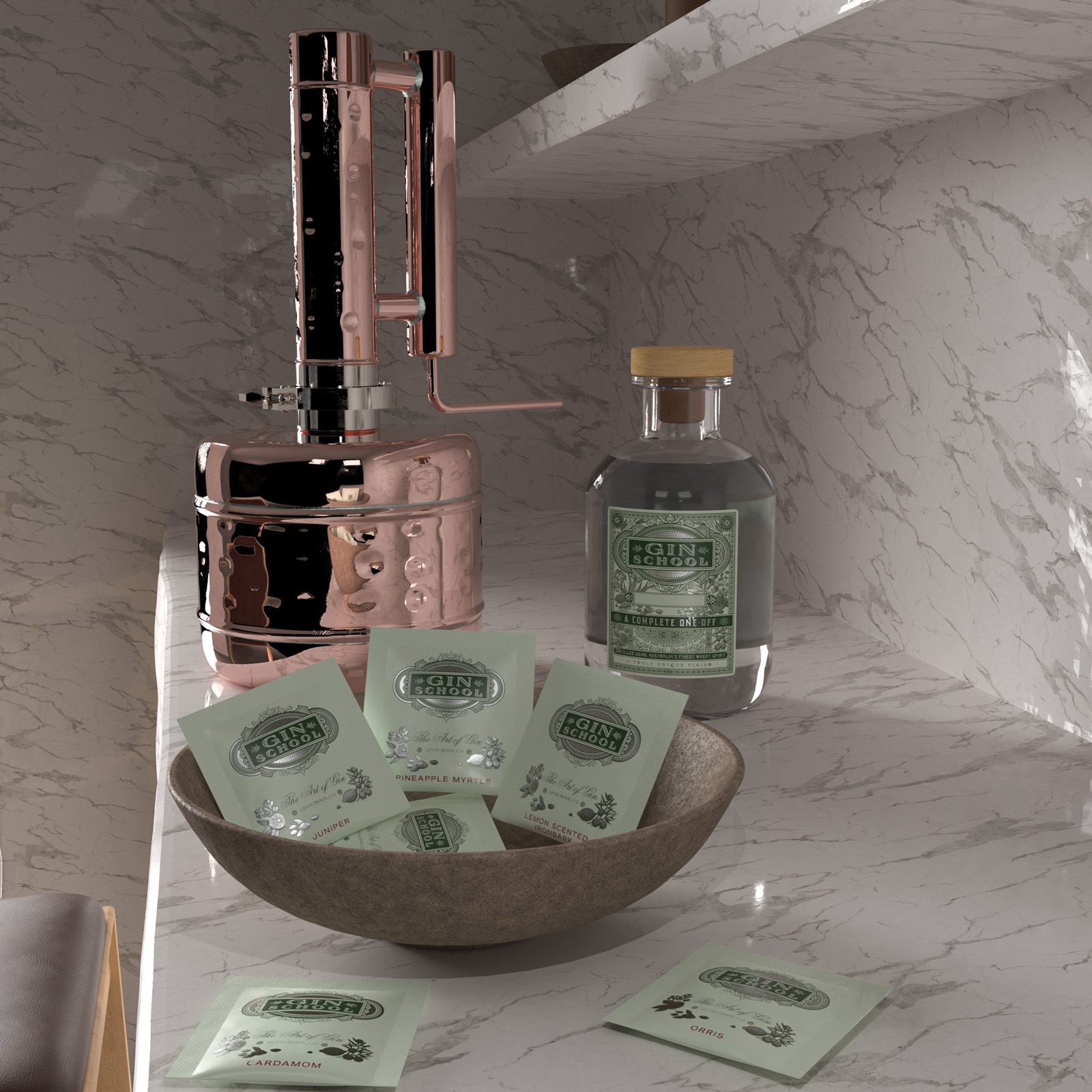 Copper pot still, Gin School bottle and botanical sachets on a marble bench