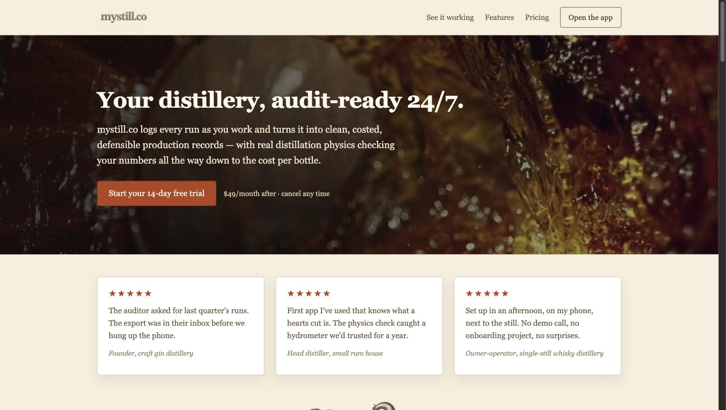 mystill.co homepage: your distillery, audit-ready 24/7