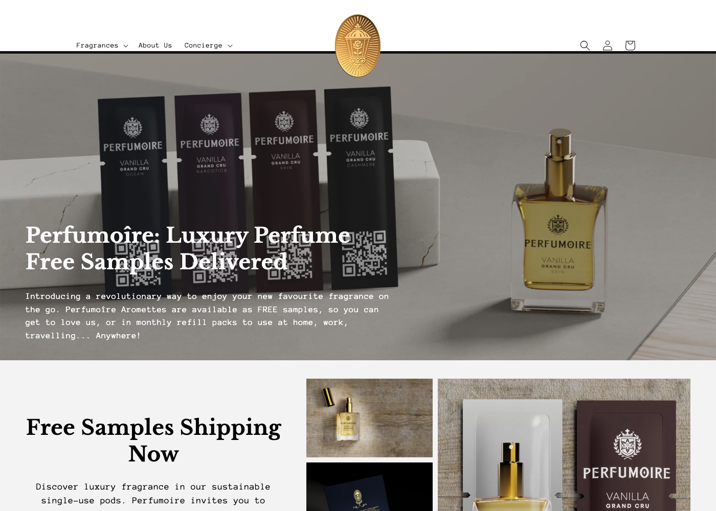 Perfumoîre sample sachets and gold flacon on stone
