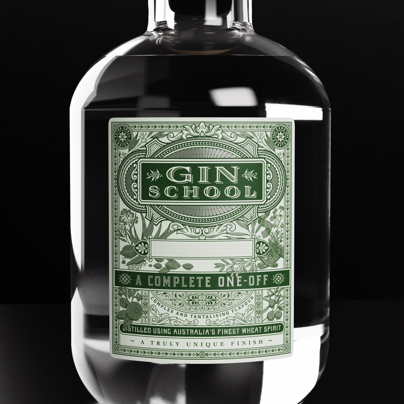 Photo-real render of a Gin School bottle on black