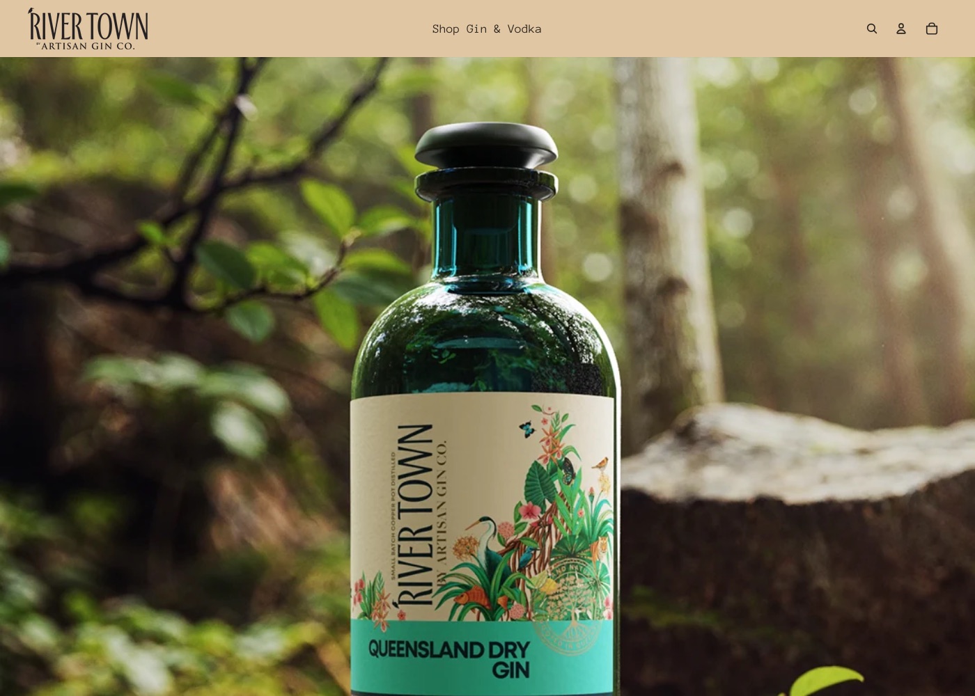 River Town Queensland Dry Gin bottle in rainforest light